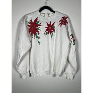 Vintage 90s Fruit of Loom handpainted Poinsettia Christmas white sweatshirt XL